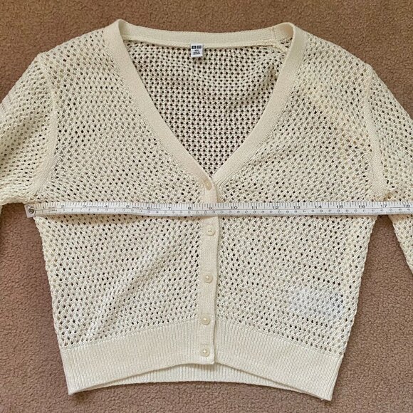 Uniqlo Women's XXS Mesh V-Neck Short Cardigan Sheer Off White Cream Linen - Picture 6 of 12